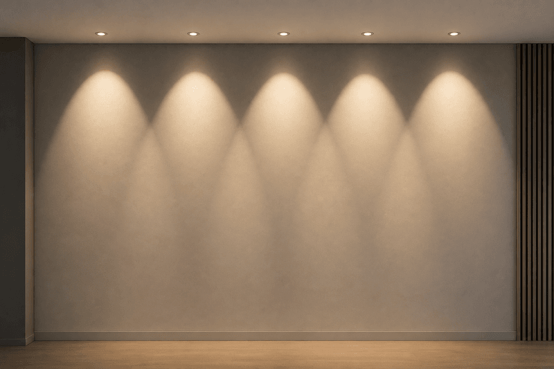 Wandnahe Deckeneinbauleuchten erzeugen gleichmässige Lichtkegel (Scalops) und strukturieren die Wand durch rhythmische Lichtverteilung